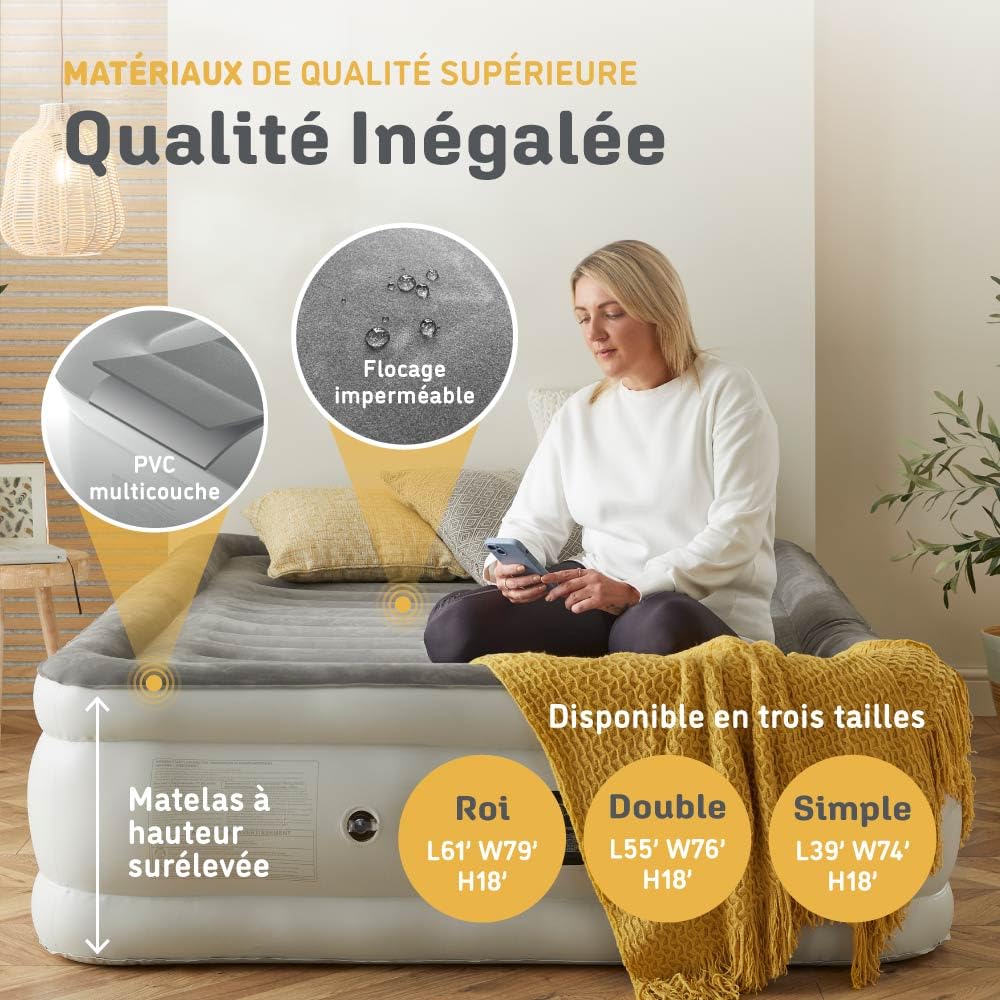 Huddle® Never Deflate™ Luxury lit Double Gonflable, lauréat Good Housekeeping 2025, doté de la Double Pompe SlumberGuard™, fermeté réglable, Pompe intégrée et veilleuse USB