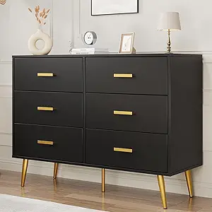 GarveeHome 6 Drawer Dresser, Modern Wooden Dresser with Gold Handles and Storage Space, Chest of Drawers for Bedroom, Hallway, Living Room and Entryway, Black