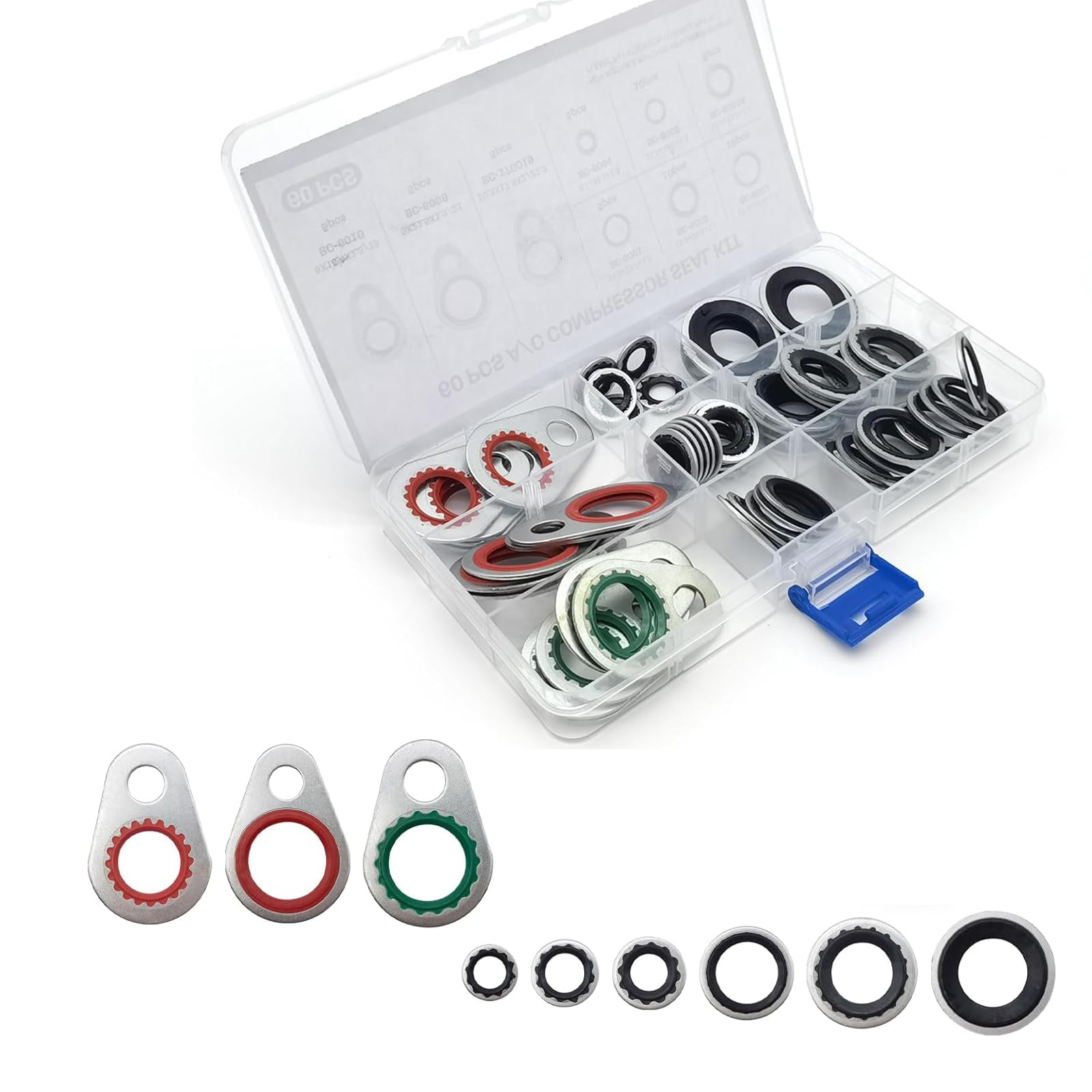 60 PCS Car A/C System Compressor Gaskets, Anti-Leakage Compressor Port Protective Washer, 9 Sizes Self-Centered Bonded O-Ring Assortment Kit, Universal Repair for Car A/C (Multicolored)