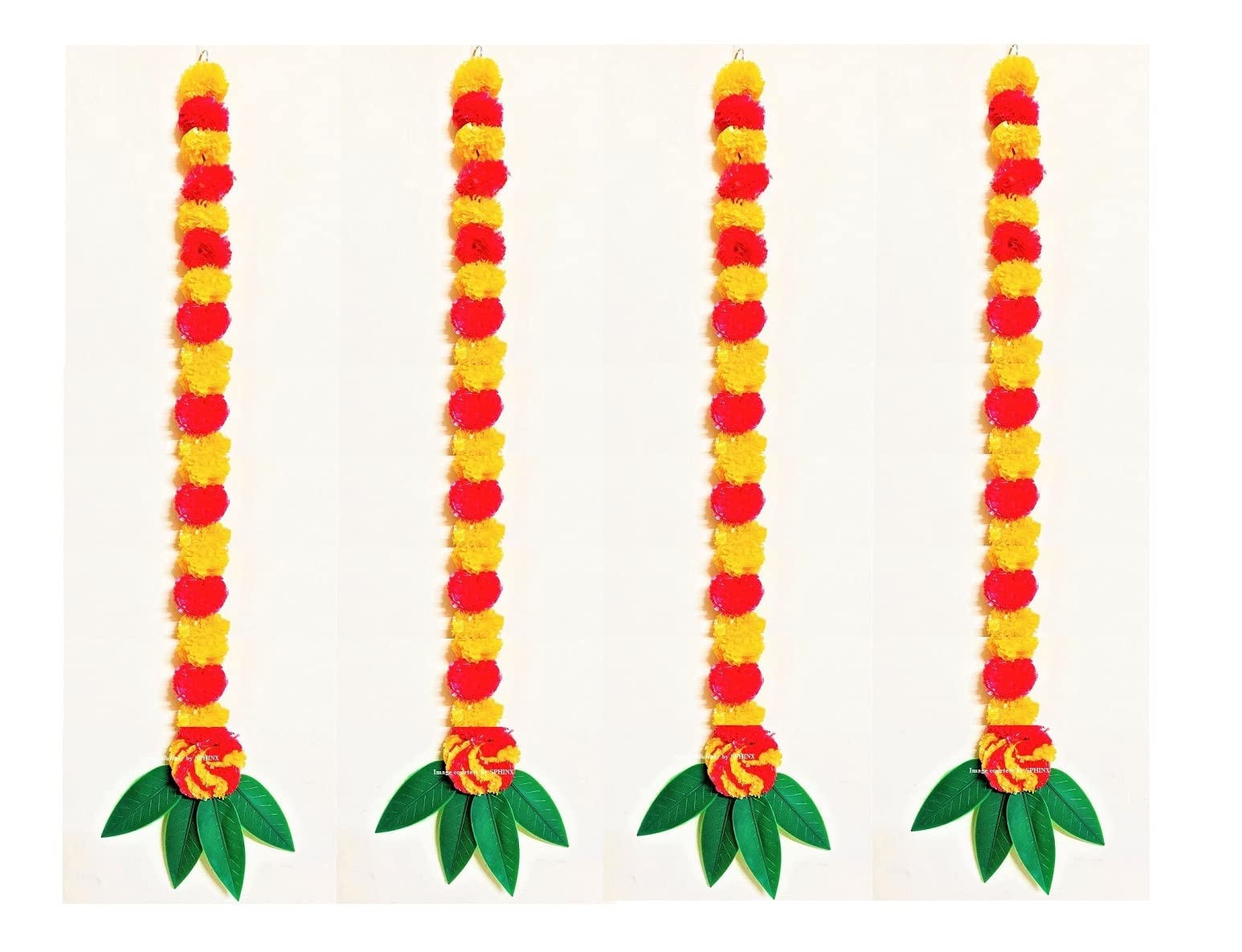 Sphinx artificial marigold fluffy flowers and mango leaves garlands for home decoration, wall decorations, backdrops - Light orange and Red (Approx. 5 ft, 4)