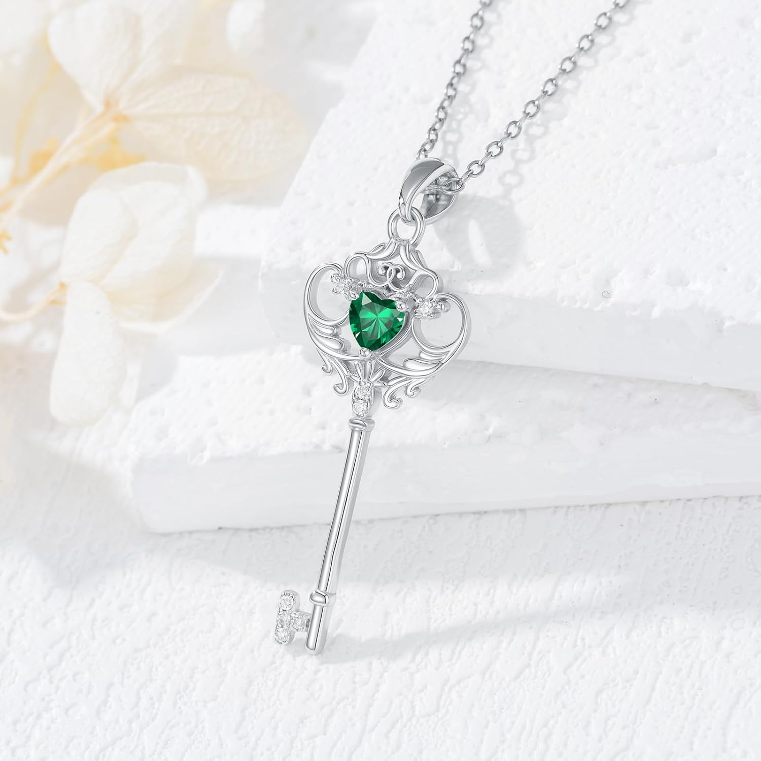 Key Necklace 925 Sterling Silver Birthstone Heart Key Pendant Birthstone Jewelry for Women - Image 4
