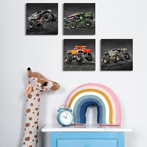 Miniatura 4 de 4 piezas de decoración de la habitación del coche, camión, lienzo enmarcado para decoración de habitación de niños, acuarela, caricatura, coche,