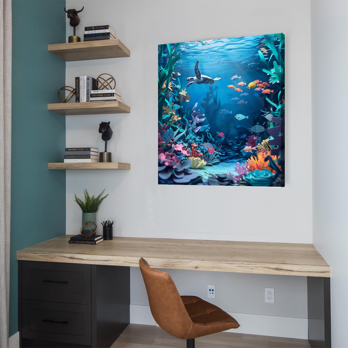 Niebieski ocean sztuka ścienna z rybami tropikalnymi do salonu 70 x 90 cm