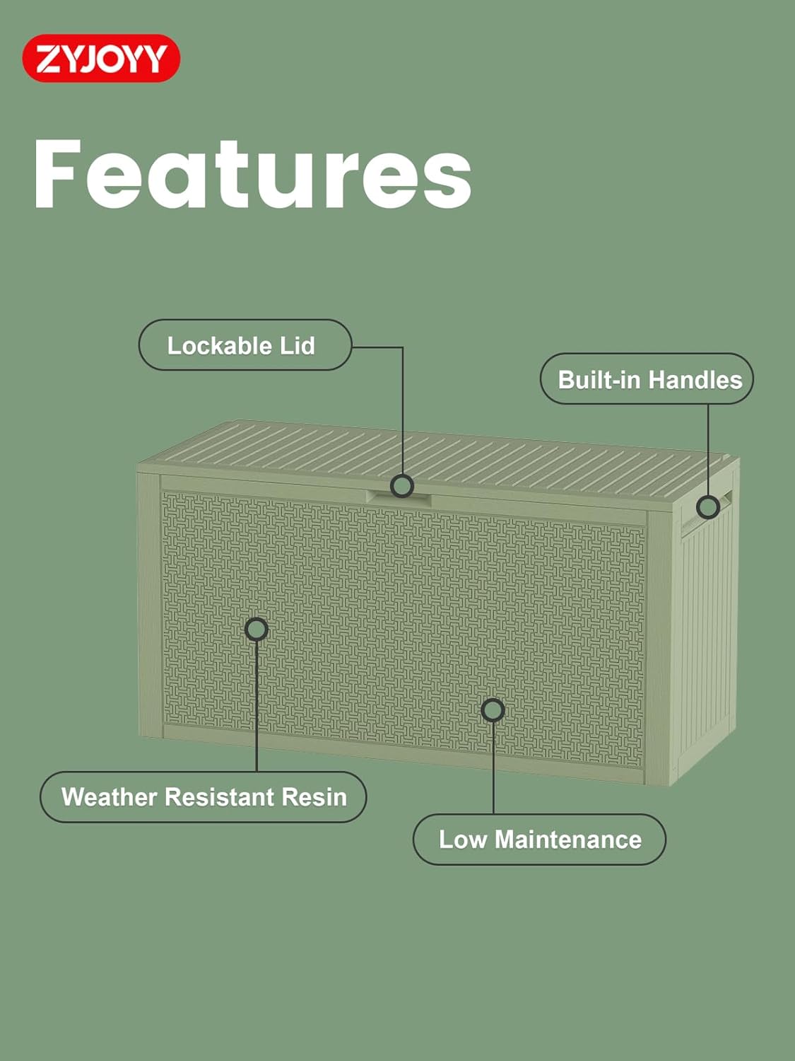 ZYJOOY 90 Gallon Outdoor Deck Storage Box, Lockable Waterproof Outdoor Storage Box, Resin Weather Resistant Container for Garden Tools, Indoor Cushions, Outdoor Accessories (Olive Green)