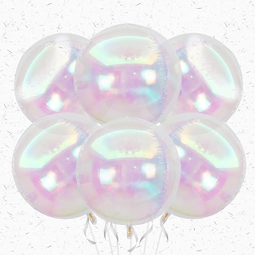 6Pcs Iridescent Round Foil Balloons,Giant 4D Clear Round Ball Balloon,22 Inch Rainbow Balloons for Birthday Wedding Prom Party Decorations
