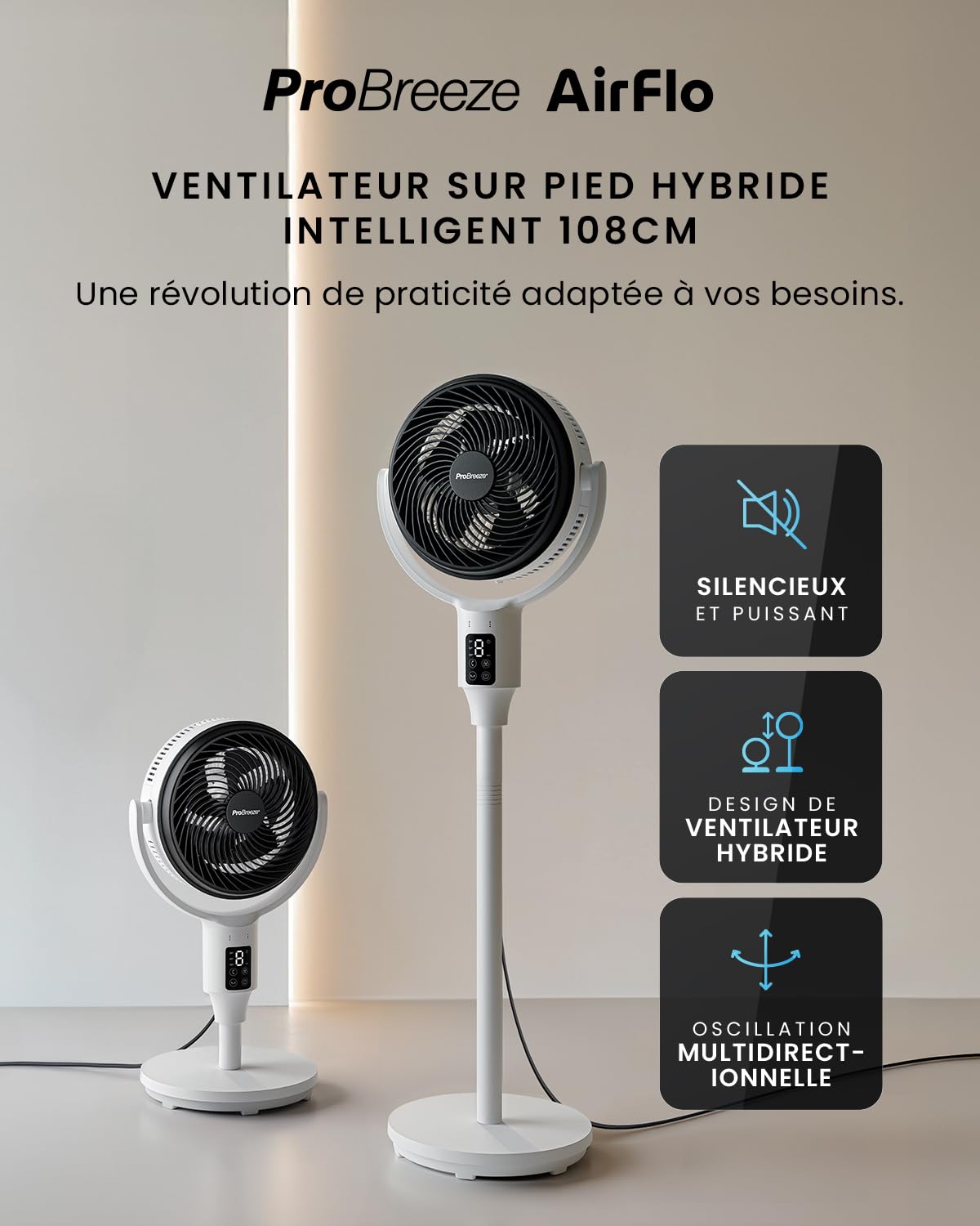 Pro Breeze Ventilateur sur Pied Intelligent 109 cm Ultra-Silencieux 29 dB – Écran LED, Wi-Fi, Appli Mobile & Télécommande, 2 Modes de Ventilation, oscillation 135°/85° – Compatible Alexa