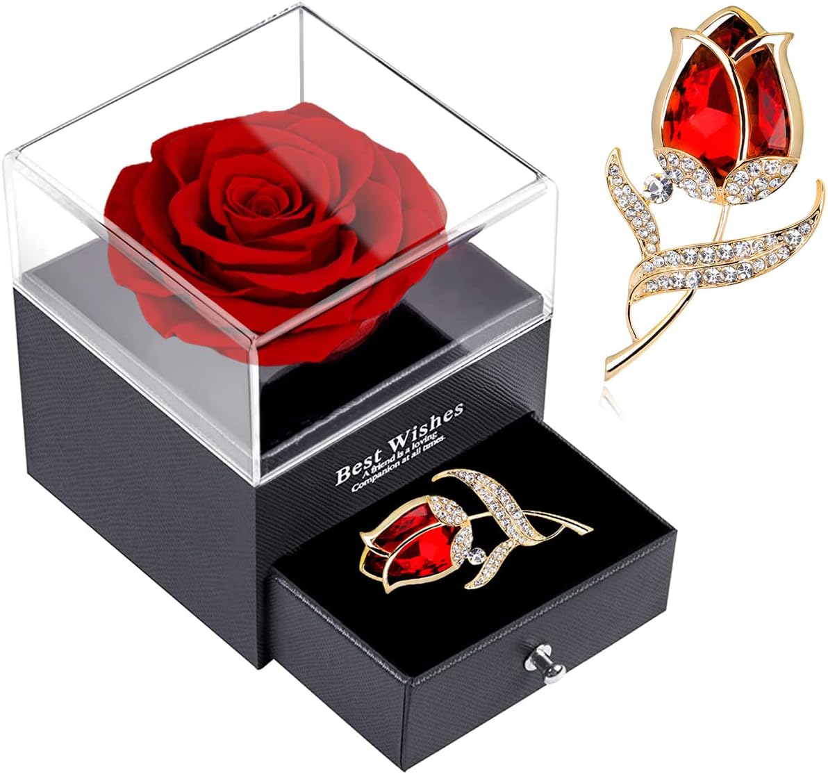 SWEETIME Red Rose Gift Box - Enchanted Real Rose with Ruby Brooch, Eternal Flower in Jewelry Box, Handmade Preserved Forever Gift for Her on Mother's Day, Anniversary