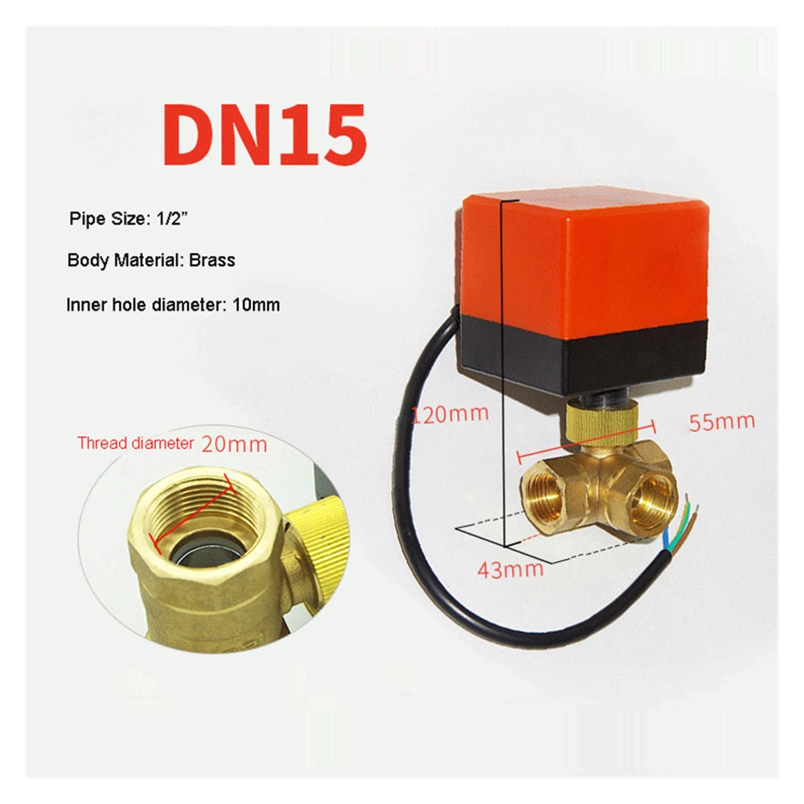 Vanne à Boisseau sphérique motorisée à 3 Voies, DN15 DN20 DN25 DN40, 220V 12V 24V 3 Fils 2 Commandes vanne à Boisseau sphérique électrique en Laiton (Size : DN20, Color : 220VAC)