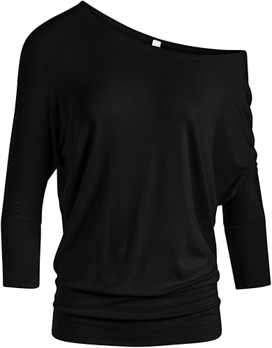 Camiseta dolman para mujer, con hombros descubiertos, cintura ajustada, con mangas 34, tallas regulares y grandes