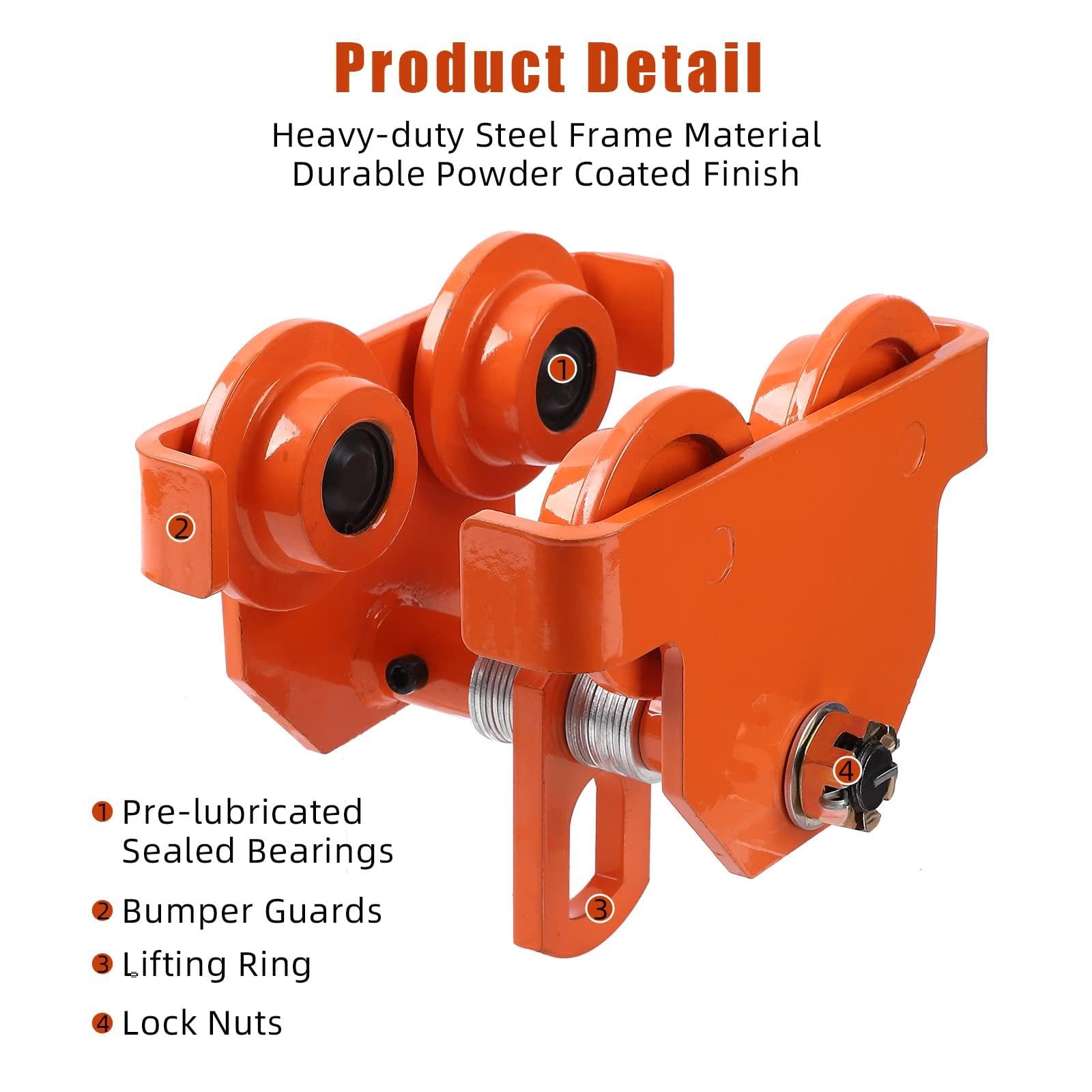 Carro Manual para Vigas - Capacidad 2 toneladas (4400 lbs) - Ruedas Dobles de Acero aleado - Ancho Ajustable de 3.5 a 8 Pulgadas para perfiles I - Uso intensivo en talleres y garajes - Tamaño 2T