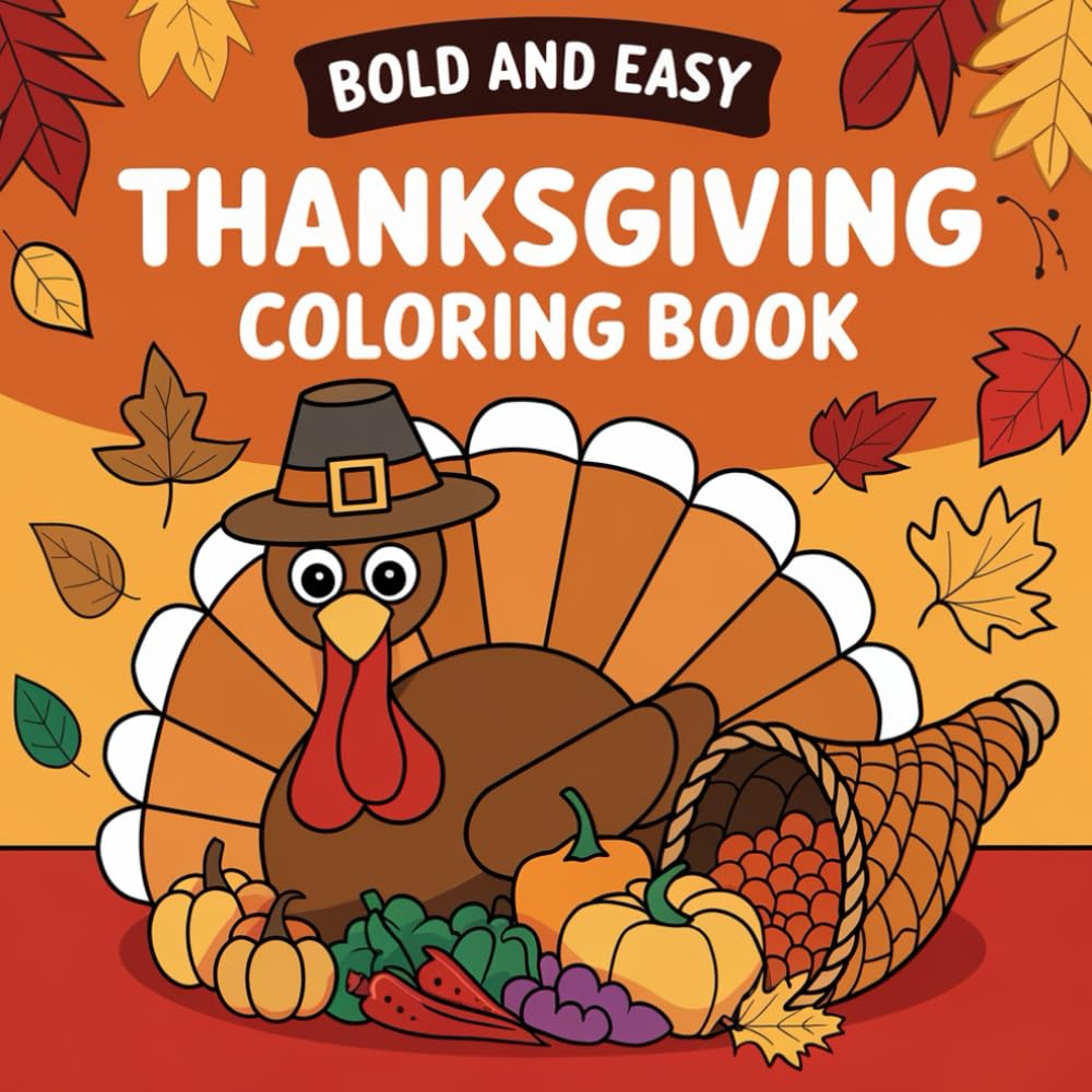 Bold and Easy Thanksgiving Coloring Book: Autumn Harvest Fun for All Ages – Stress Relief Activities with Turkeys, Pumpkins, and Festive Scenes