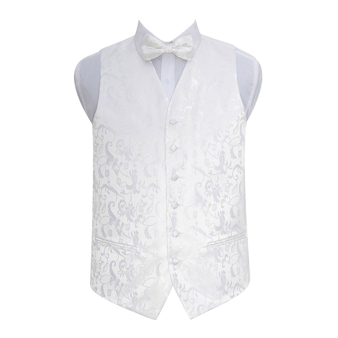 Dqt Men's White Passion Floral Jacquard Wedding Waistcoat Set With Bow Tie, Pocket Square & Cufflinks – Formal Suit Vest - 44" (2Xl)