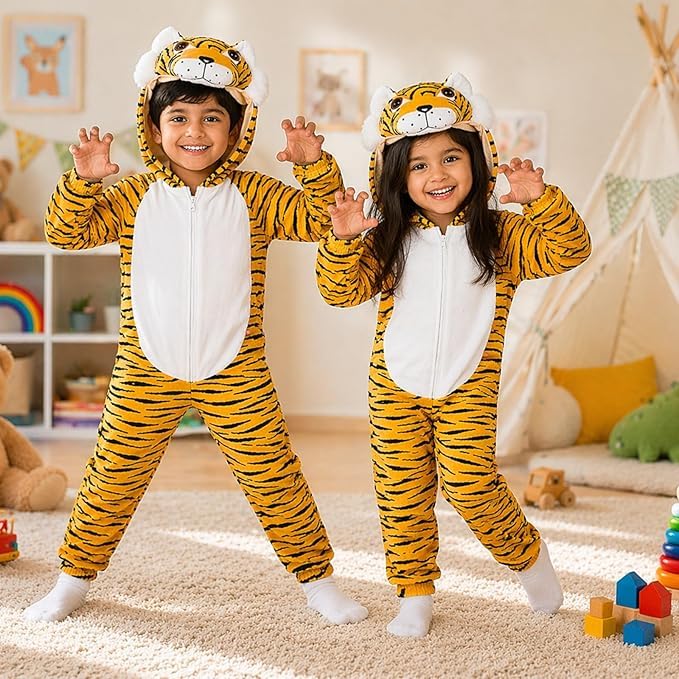 Image of Kids Animal Costume with Hood for Boys & Girls | Soft Plush Animal Fancy Dress Outfit | Jungle Theme Costume for School Functions, Birthday Parties, Role Play & Fancy Dress Competitions