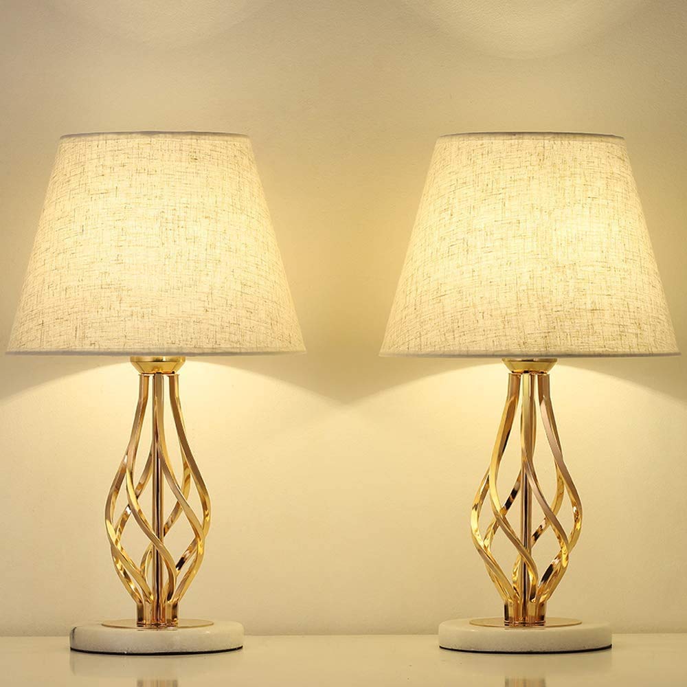 LIANTRAL Juego de 2 lámparas de mesita de noche de color Dorado, lámpara moderna para dormitorio y salón, lámpara con base de mármol y pantalla de lino