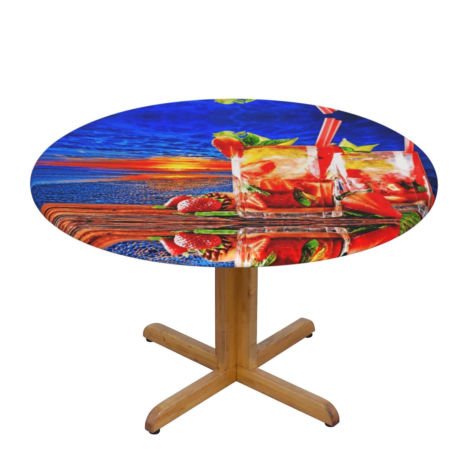 ESNAIUVCD Tropical Beach print Waterproof Round Tablecloth,Outdoor Table Cloth with Elastic Edged, Elastic Tablecloth Wipeable, Garden Table Cloth Suitable for sizes 90cm-140cm