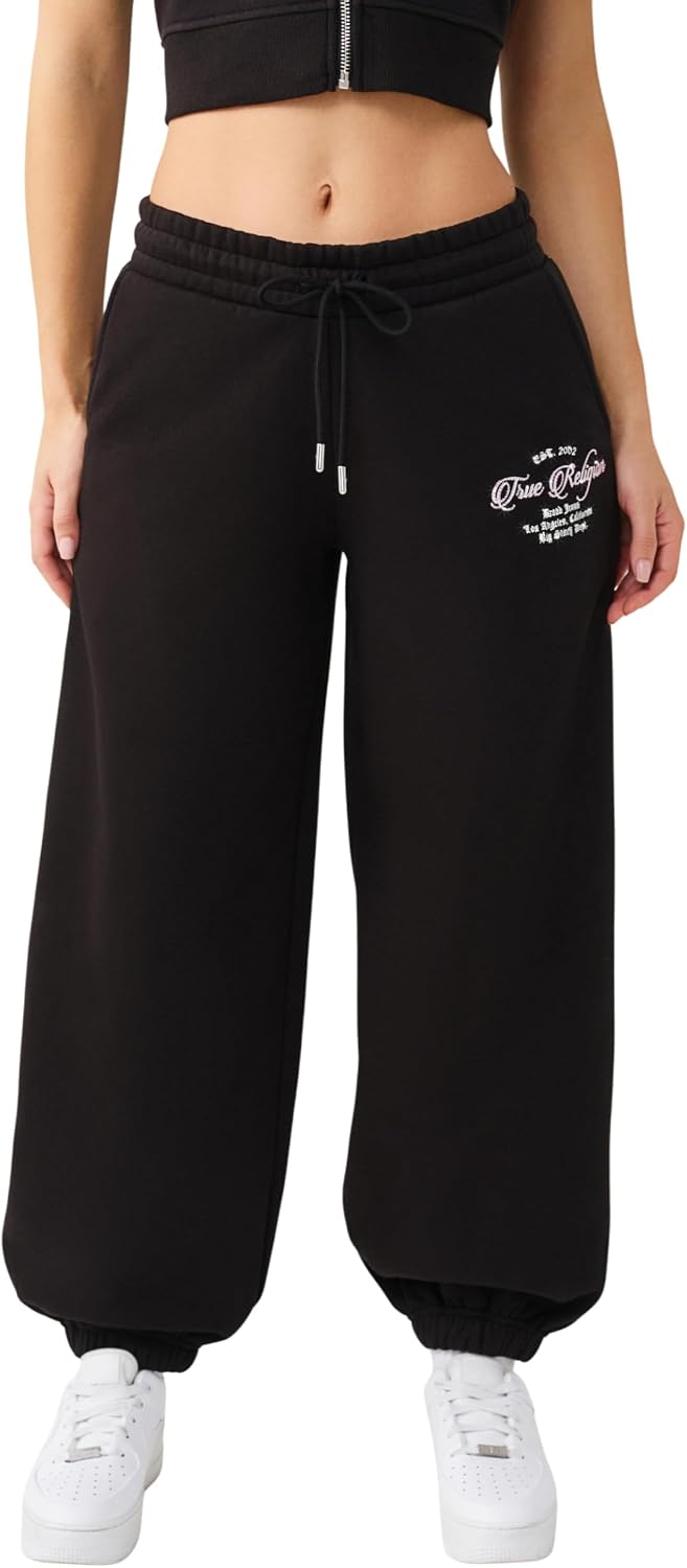 True Religion Women’s Crystal Baggy Jogger – Baggy Fit Sweatpants with Crystal Script Logo & Drawstring Waist