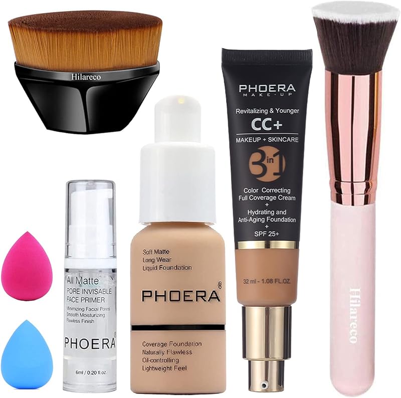 PHOERA Foundation & CC Cream, Anti Aging Hydrating Serum with SPF 25+, Primer, Makeup & Kabuki Brushes - Buff Beige