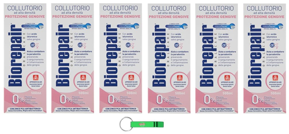 6x Biorepair, Collutorio Protezione Gengive - Mundspülung Mundwasser mit Hoher Dichte, Schutz vor Zahnfleischbluten, Fluoridfrei, alkoholfrei 500ml + Beni Culinari Kostenloser Schlüsselanhänger