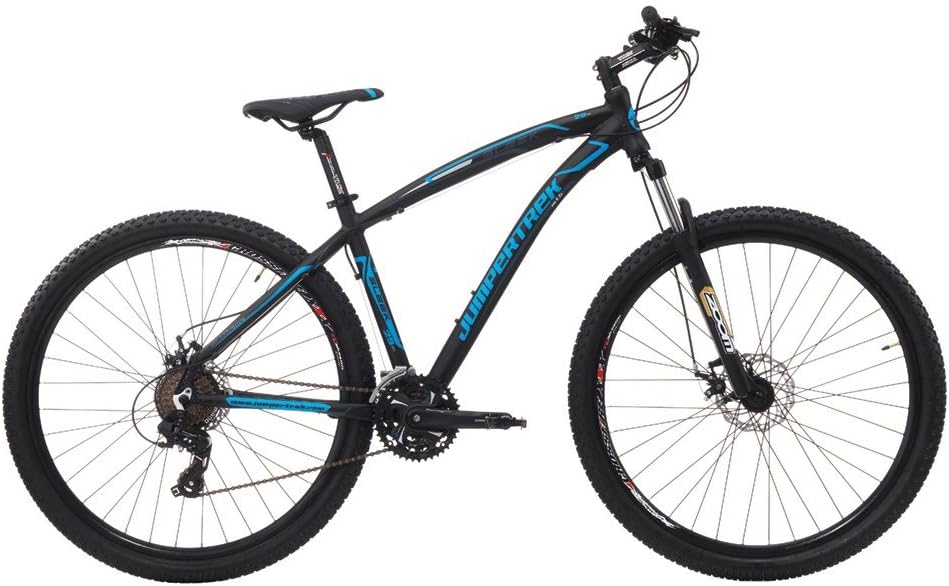 Mountain Bike CICLI Cinzia Sleek Curved Men Aluminium Frame 21 Speed Suspension Forks, Mechanical Disc Brakes, Matt Black / Fluo Light Blue, 27,5 Zoll - Größe 39