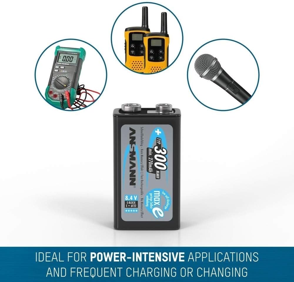 ANSMANN Rechargeable 9V Battery 300mAh pre-Charged Low Self Discharge 9Volt NiMH Rechargeable Battery (6-Pack) + Batterybox for 9V