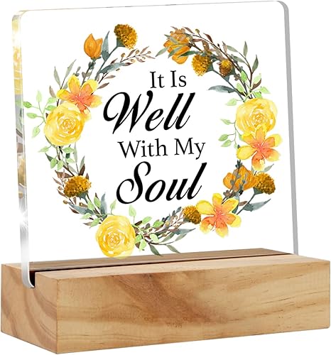 It is Well With My Soul - Letrero de acrílico para escritorio, placa de acrílico floral, decoración de escritorio para oficina en casa, 4.7 x 4.7