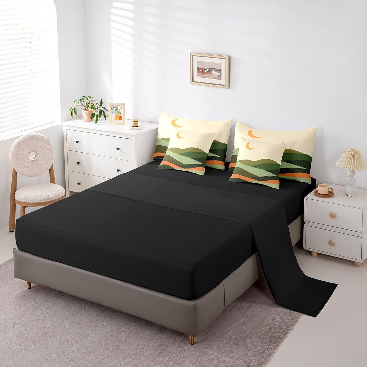 Erosebridal Mid Century Modern Bedding Comforter Sets 7 Pieces Moon Print Bed in a Bag Minimalism Mountain Twin Bedding Sets Geometric Landscape Comforter Set Abstract Art Bedding Sets & Collections