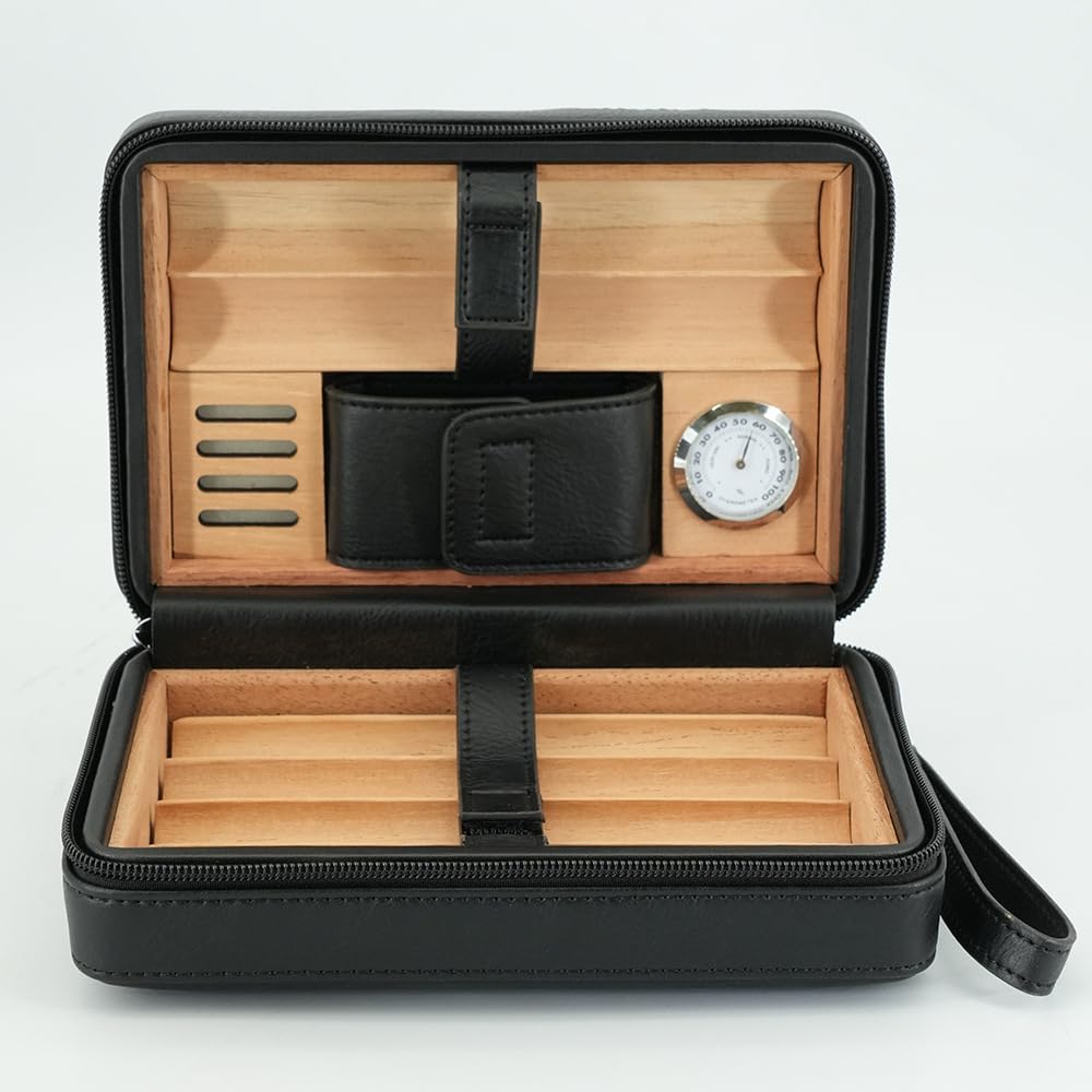 Humidor aus Zedernholz, Kapazität: 6 Stück, tragbarer Reise-Humidorkoffer mit Luftbefeuchter (schwarz)