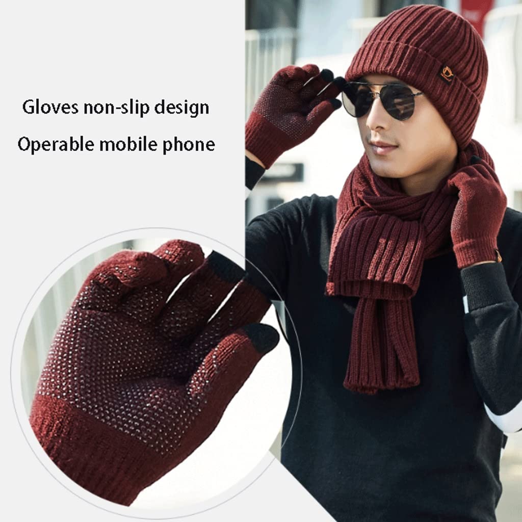 Winter-Strickschal for Männer, Schals Beanie-Hüte und Touch-Screen-Handschuhe-Geschenk-Set, verdicken warme Schal-Set-3-Teile, Feste Farbe (Color : Red)
