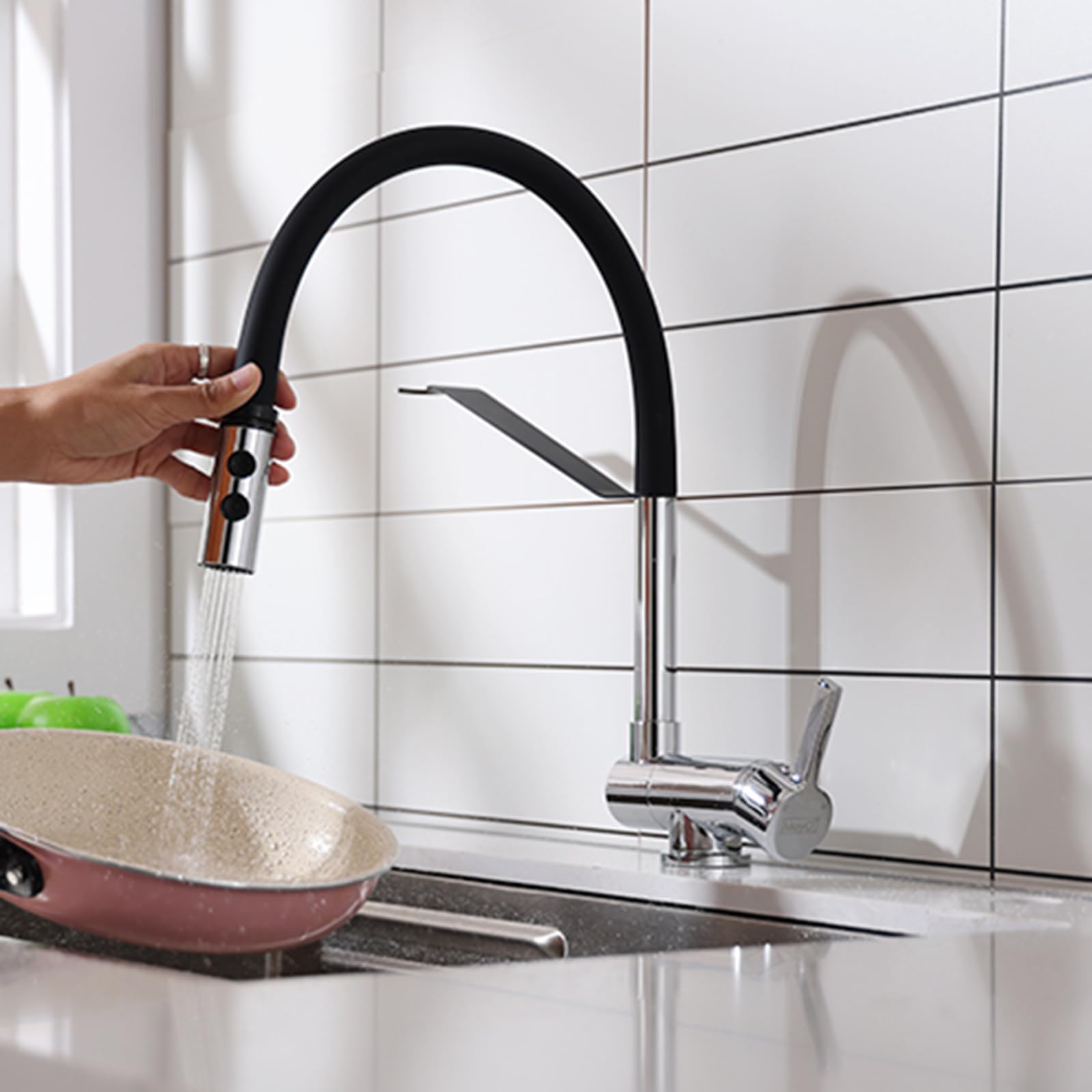 Grifo de Cocina Plegable Negro con rociador extraíble, Monomando, rotación de 360°, Montaje en Pared, instalación de un Solo Orificio
