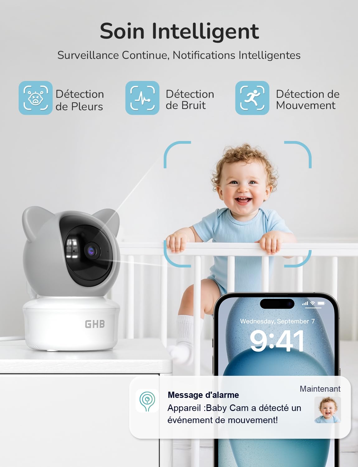 GHB Babyphone Camera 2K Camera Bebe Surveillance 5" Rotation à 350° avec Application Telephone Suivi Automatique Alertes Intelligente des Pleurs/Movements Zoom 4X Détection de Température/Humidité