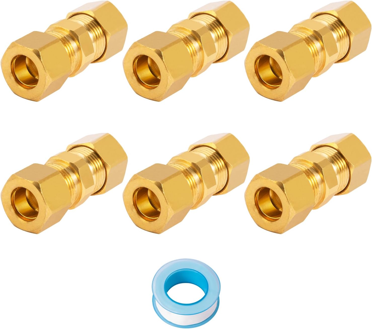 SUNGATOR 6-Pack 3/8 Inch Brass Compression Tube Fittings, 3/8" x 3/8" OD Compression Union, Straight Coupling Adapter with a Sealing Tape