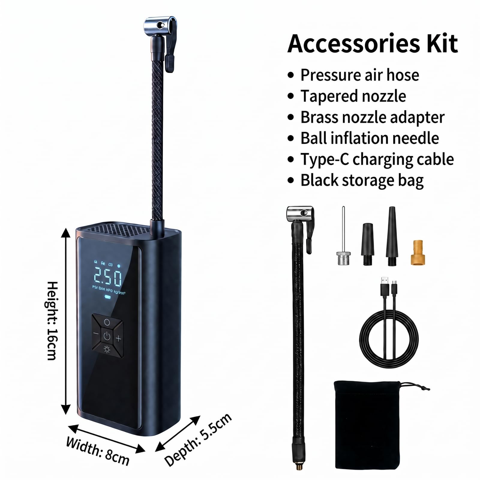 Mepham Pompa ad aria elettrica, compressore portatile e pompa elettrica per bici (150 PSI) con luce LED e arresto automatico, adatta per auto, bici elettriche, moto e palloni.