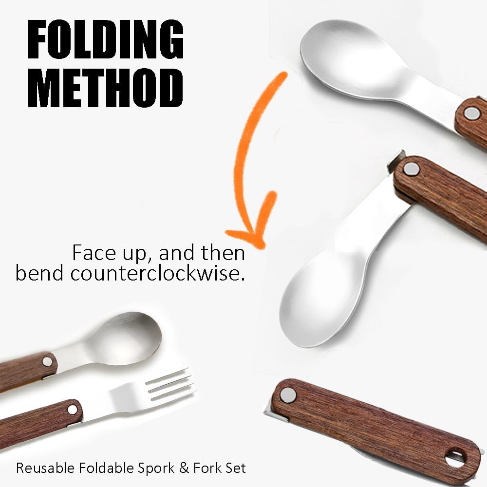 Foldable Stainless Steel Spoon and Fork Set,Portable Salad Spork Reusable Flatware Sets,Walnut Handle Tableware for Travel Camping Picnic, 1 Pcs Spoon 1 Pcs Fork