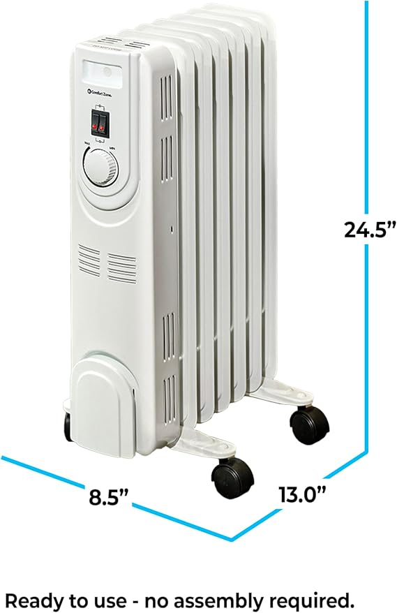 Comfort Zone Electric Oil-Filled Radiant Radiator Space Heater, Never Refill, Adjustable Thermostat, Tip-Over Switch & Overheat Protection System, Ideal for Home, Bedroom, Office, 1,200W, CZ7007J