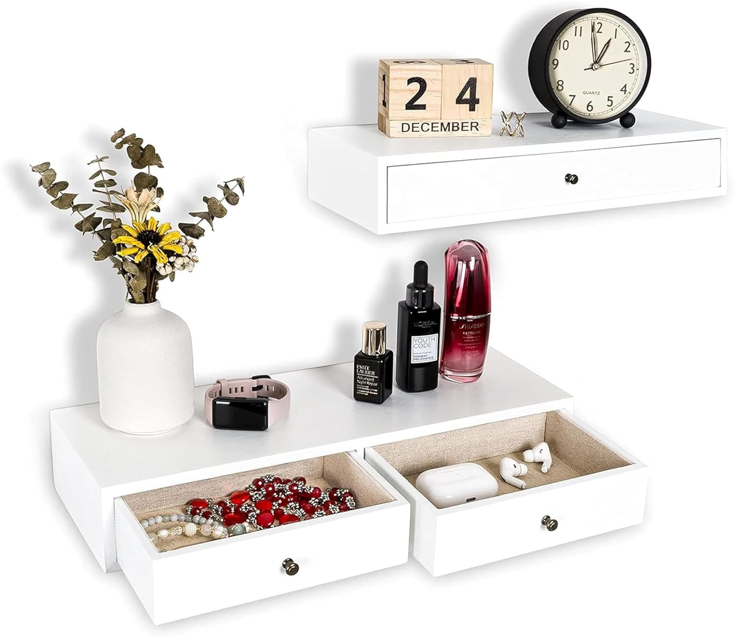 JAL HANDICRAFTS Wood Floating Wall Mounted Drawers on a Floating Shelves with Drawers for Bedrooms, Living Rooms, and DisplaysTwo Vintage nightstand (Engineered Wood- White)-picture-19