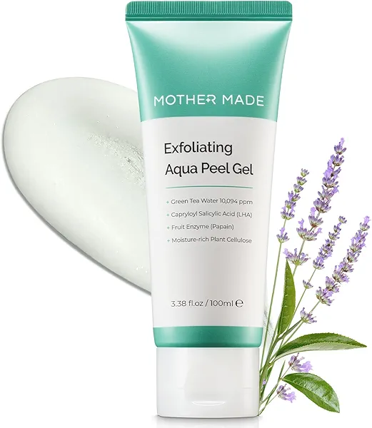 MOTHER MADE LHA Green Tea Exfoliating Aqua Peel Gel, Deep Pore Face Exfoliant, Gentle Facial Exfoliator, Dead Skin Remover, Natural Cellulose for Peeling, Vegan, Korean Skincare (100ml / 3.38 fl.oz)