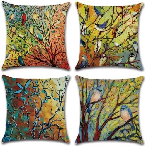 sistwon 18x18 Abstract Trees and Birds Square Decorative Throw Pillow Covers, Set of 4 Covers Cotton Linen Case Cushion for Living Room, Bed, Sofa Car, pillows-013, Green