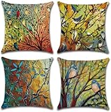sistwon 18x18 Abstract Trees and Birds Square Decorative Throw Pillow Covers, Set of 4 Covers Cotton