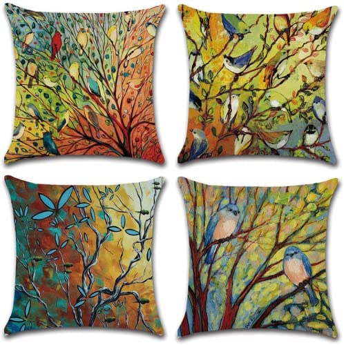 Sistwon 18X18 Abstract Trees And Birds Square Decorative Throw Pillow Covers, Set Of 4 Covers Cotton Linen Case Cushion For Living Room, Bed, Sofa Car, Pillows-013, Green #TOP22