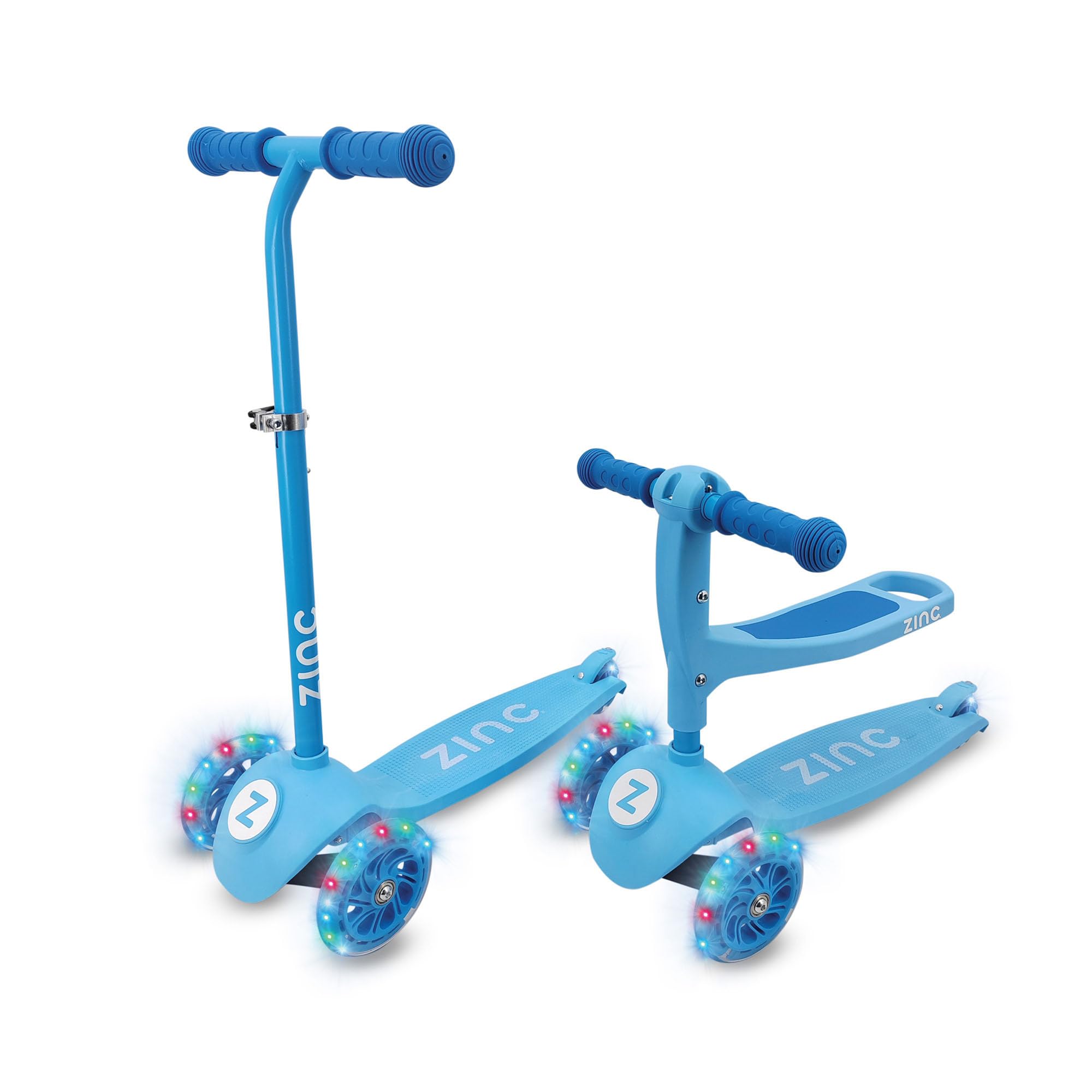 Zinc 3-In-1 Kids Scooter for Ages 1+ - Adjustable 3 Wheeled Scooter with Removeable Seat, Lean ‘n’ Steer, Rear Footbrake & Light Up Wheels – Perfect for Toddlers, Beginners, Boys & Girls, Blue
