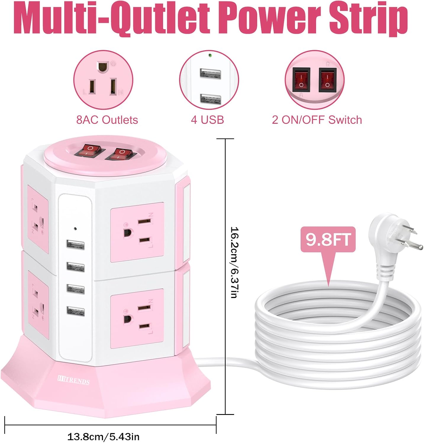 Pink Tower Power Strip with Surge Protection | HITRENDS 8 AC Outlets + 4 USB Ports | 16AWG/10Ft Extension Cord with Multiple Outlets | Space-Saving Design for Office & Home(1625W, 1050J)
