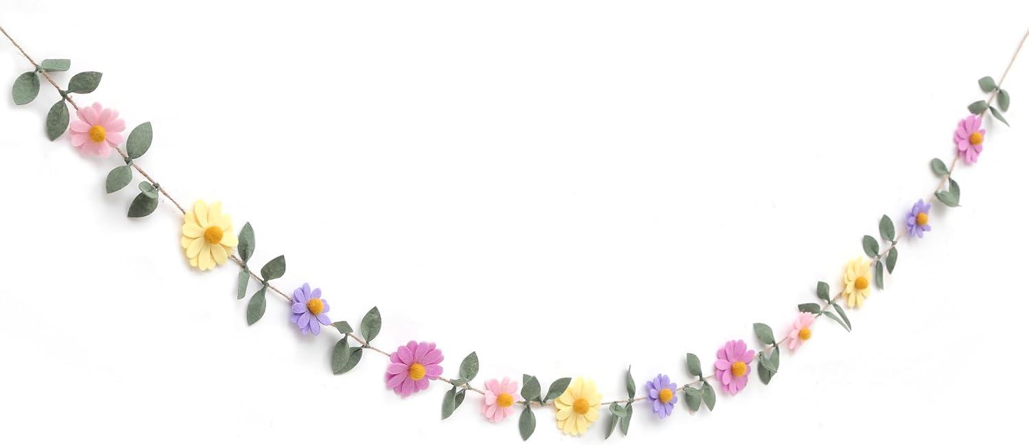 Felt Colorful Daisy Banner - Spring Birthday Wedding Party Decorations,Colorful Flowers Green Leaves Chain Garland,Flower Leaf Party Photo Props,Bohemian Daisy Home Room Hanging Garland