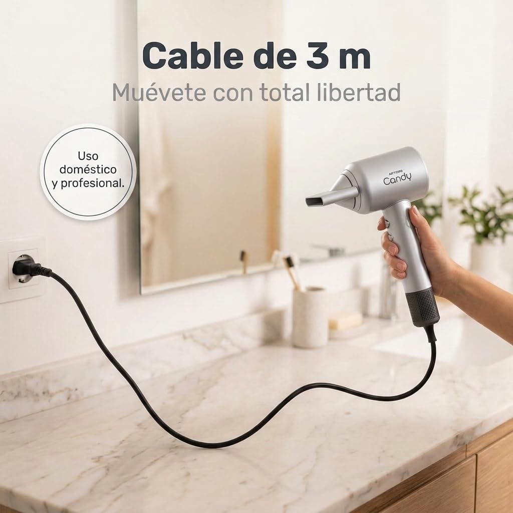 ARTERO Candy Secador Profesional para Peluquería y Barbería — Motor Brushless BLDC 1600W Silencioso, Ultraligero 380g, Compacto, Ergonómico, Boquilla Magnética (Gris)