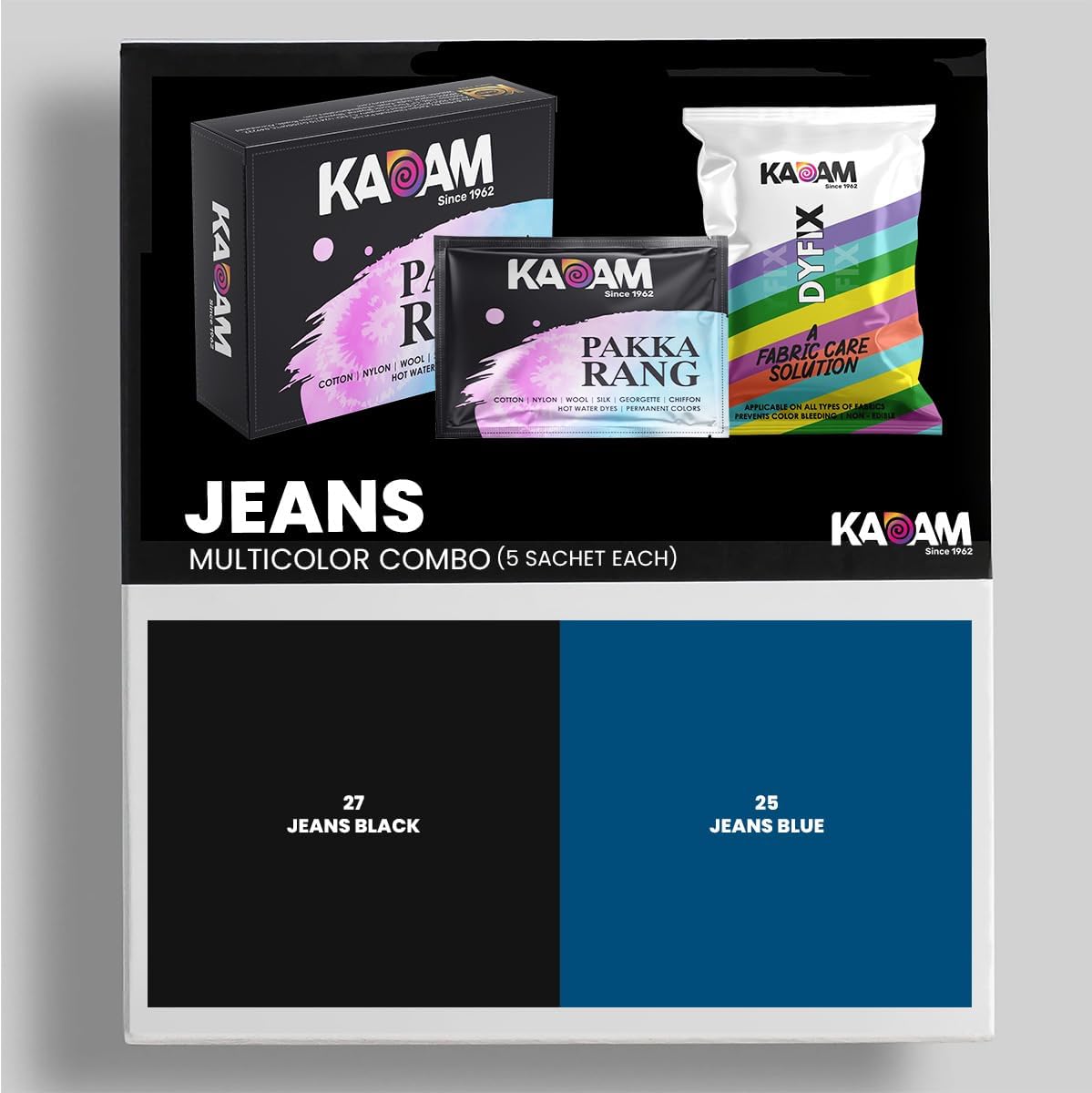 Kadam Pakka Rang Fabric Dye for Clothes Permanent, Multicolour Combo (C5: Jeans- Black (5sachets), Jeans Blue (5 sachets)), Cloth Dye Powder, Fabric Dye Clothes, DyFix Color Fixer