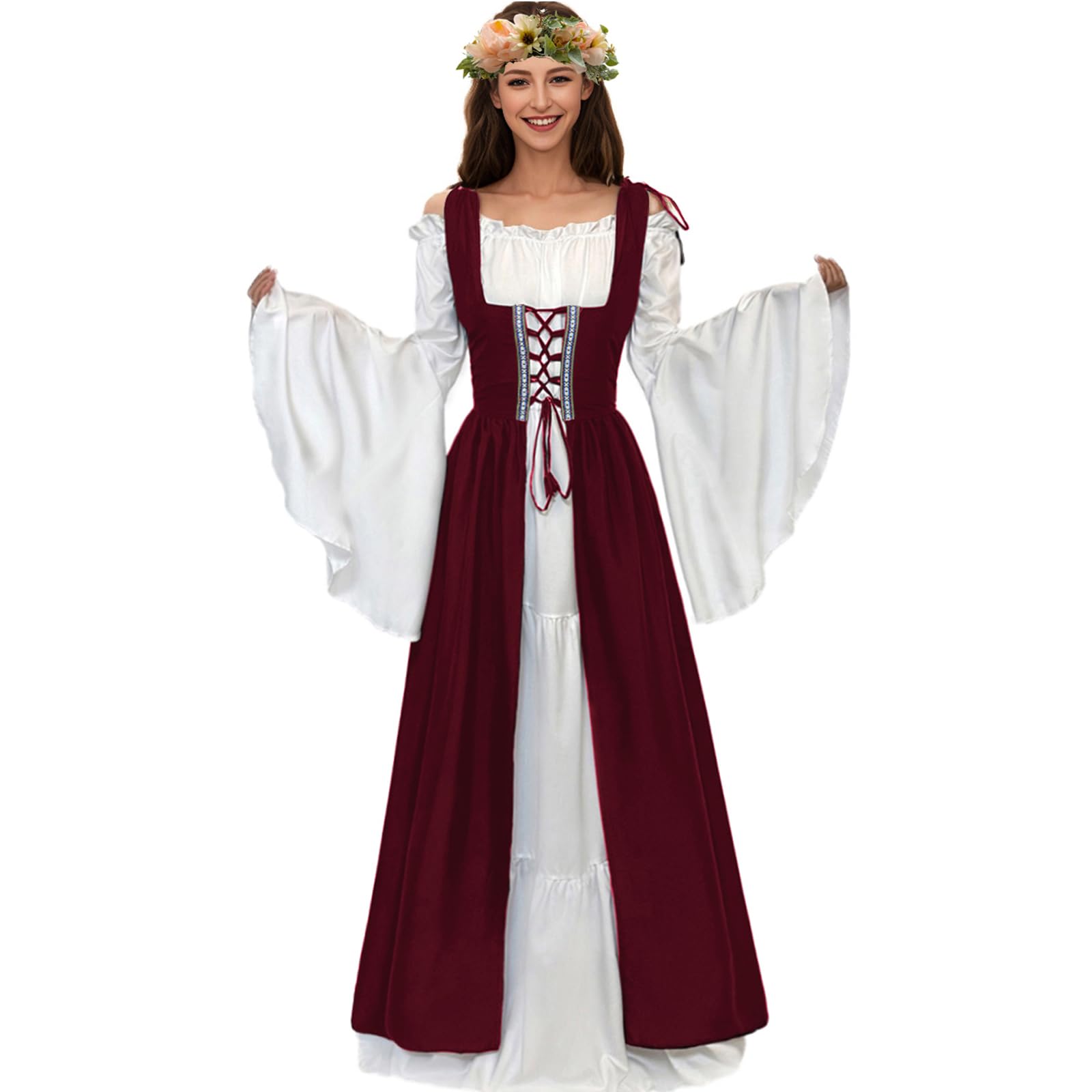 WYZJL Renaissance Dress Women Medieval Costume Fairy Dress Ren Faire Dress with Flower Headband Wreath for Halloween, Burgundy S/M