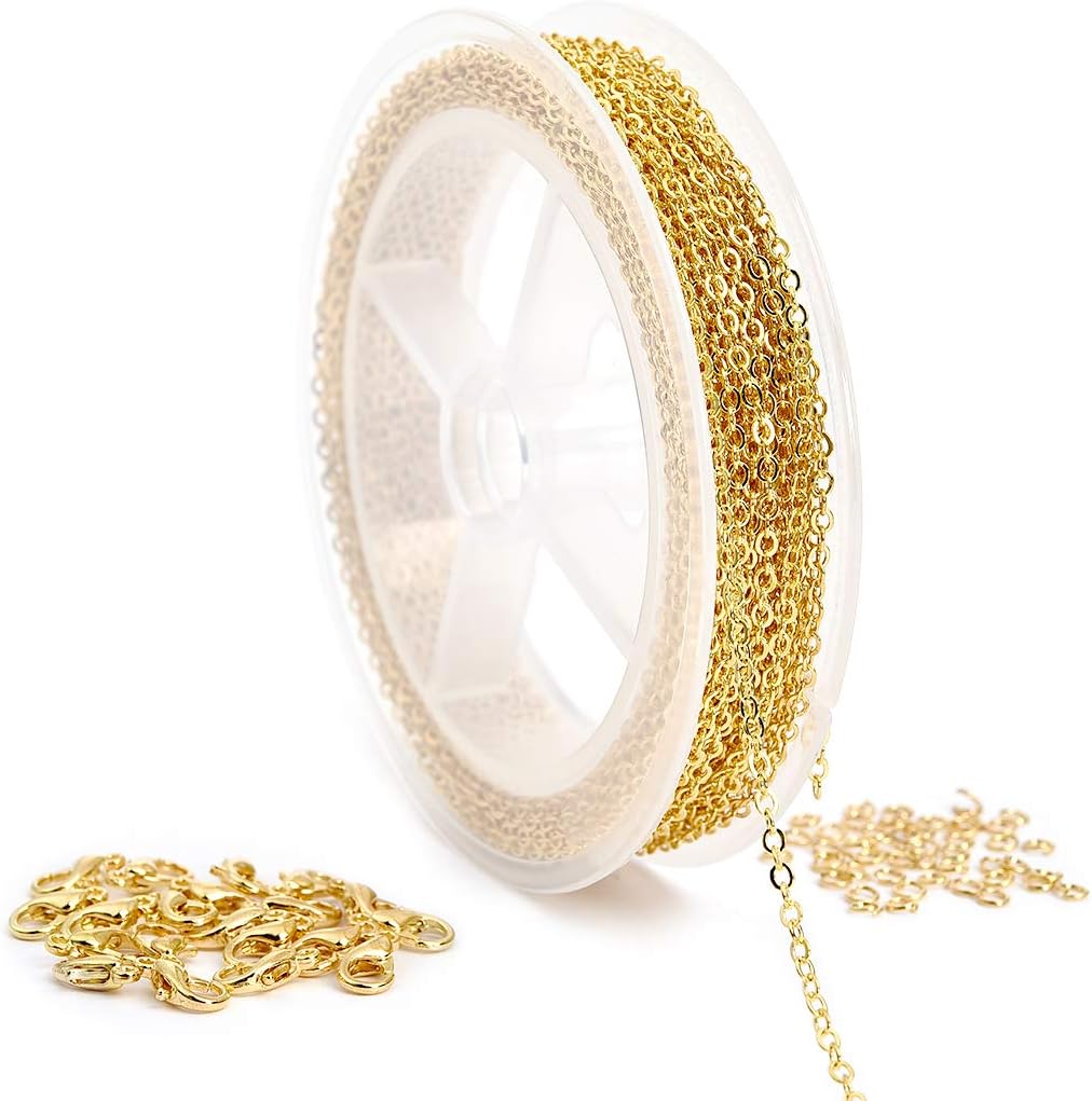 JIAYIQIJIAYIQI 33 Feet Gold Plated Cable Necklace Chain Jewelry Making with 20 Lobster Clasps and 50 Jump Rings for DIY Bracelet Necklace (2mm)