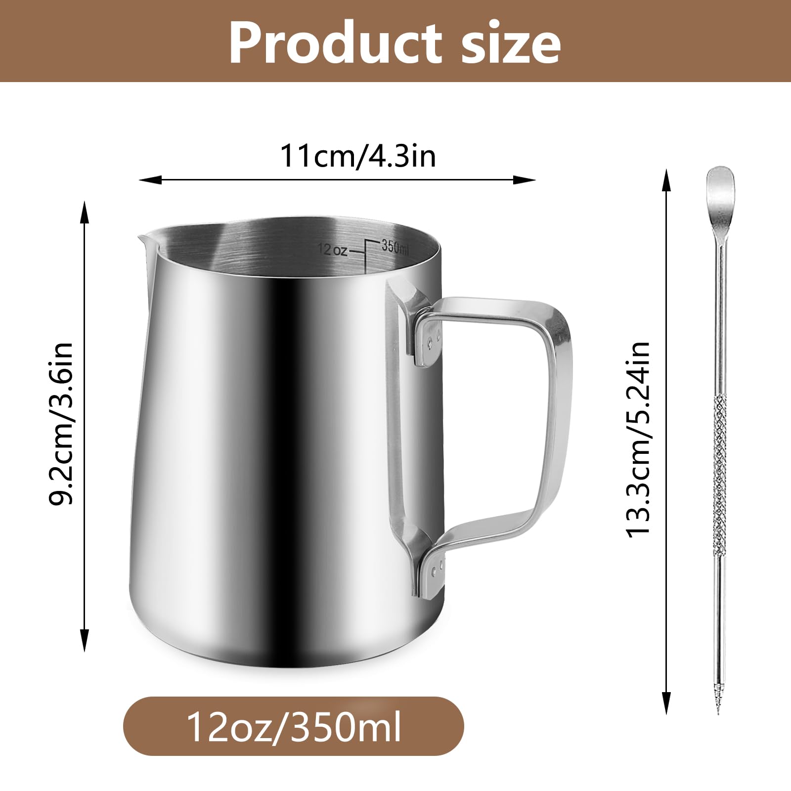 Dzbanek na mleko ze stali nierdzewnej 304, dzbanek do spieniania 350 ml, długopis Latte Art, kubek do spieniania mleka ze znacznikami pomiarowymi, nadaje się do cappuccino i espresso