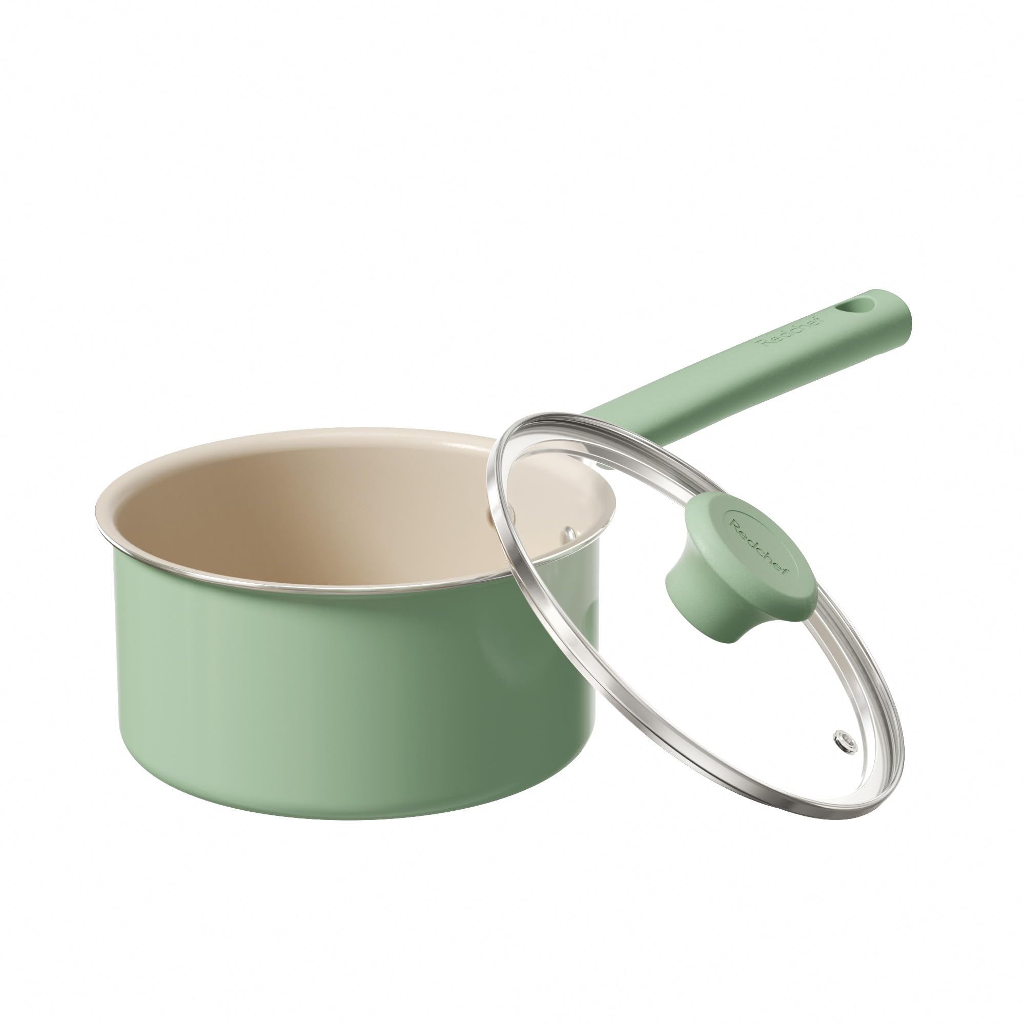 Redchef Ceramic Sauce Pan With Lid 1.7 Qt, Small Pots For Cooking With Stay Cool Handle, PFAS Free PTFE Free PFOA Free, Dishwasher Safe Compatible With All Stovetops (Gas, Electric & Induction) Green