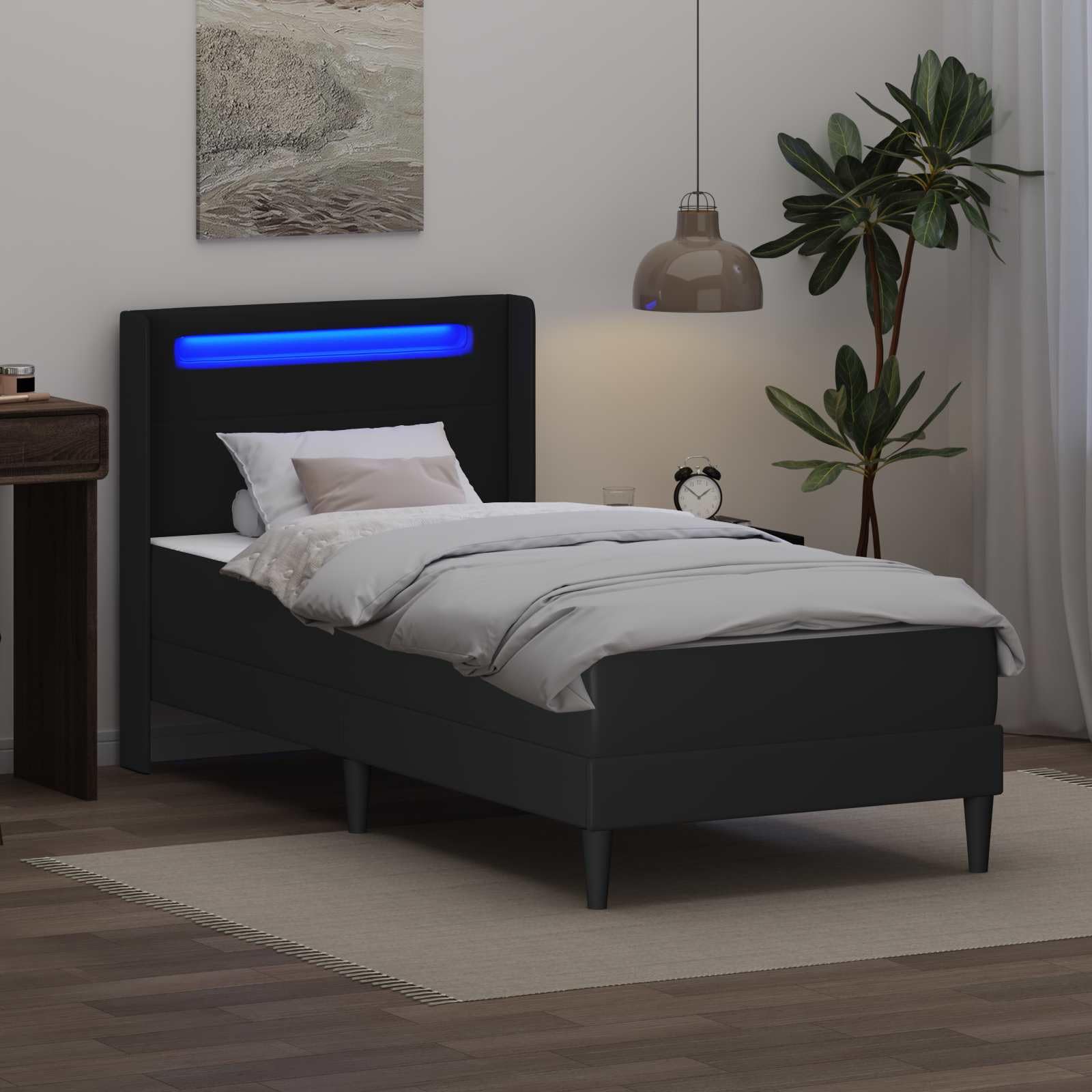 Struttura letto con materasso nero, 80 x 200 cm, in ecopelle, materasso a molle insacchettate, porte USB, illuminazione LED, ergonomico, traspirante, adatto per la camera da letto