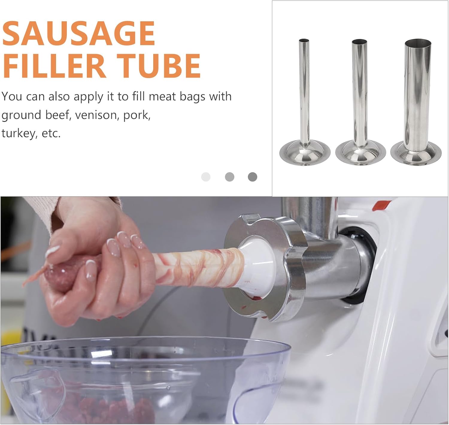 Sausage Stuffer Tubes Set Size 8 Stainless Steel Sausage Stuffer Tubes Meat Filler Tube Kit for Ground Beef Pork Turkey and Venison 3-Pack Kitchen Filling Tools
